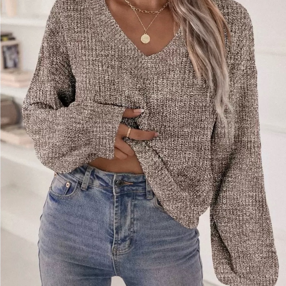 SHEIN Taupe Marled V-Neck Chunky Knit Sweater
